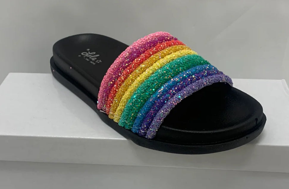 Kids Black Glitter Rainbow Slides